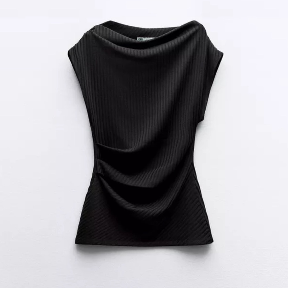 Zara black asymmetric ribbed top